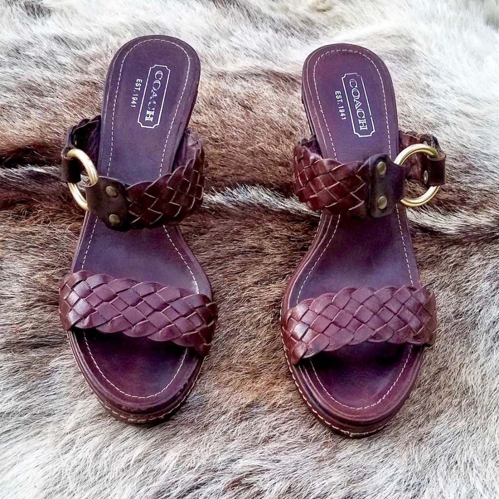 COACH Phebe Brown Leather Platform Heel Sandals 7B